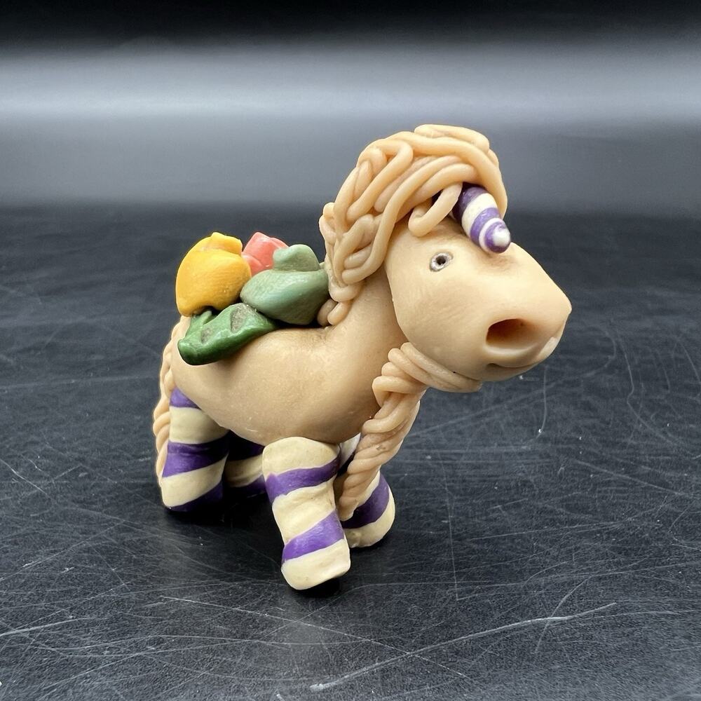 Polymer Clay Unicorn Horse Miniature Figurine Spaghetti Mane & Tail Flowers